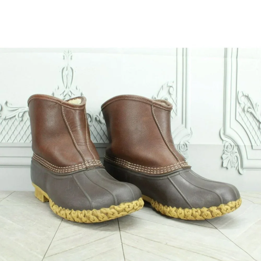 LL Bean Brown Leather Slip On Shearling Lined Ankle Duck Boots Size 8 Wide - Picture 3 of 8